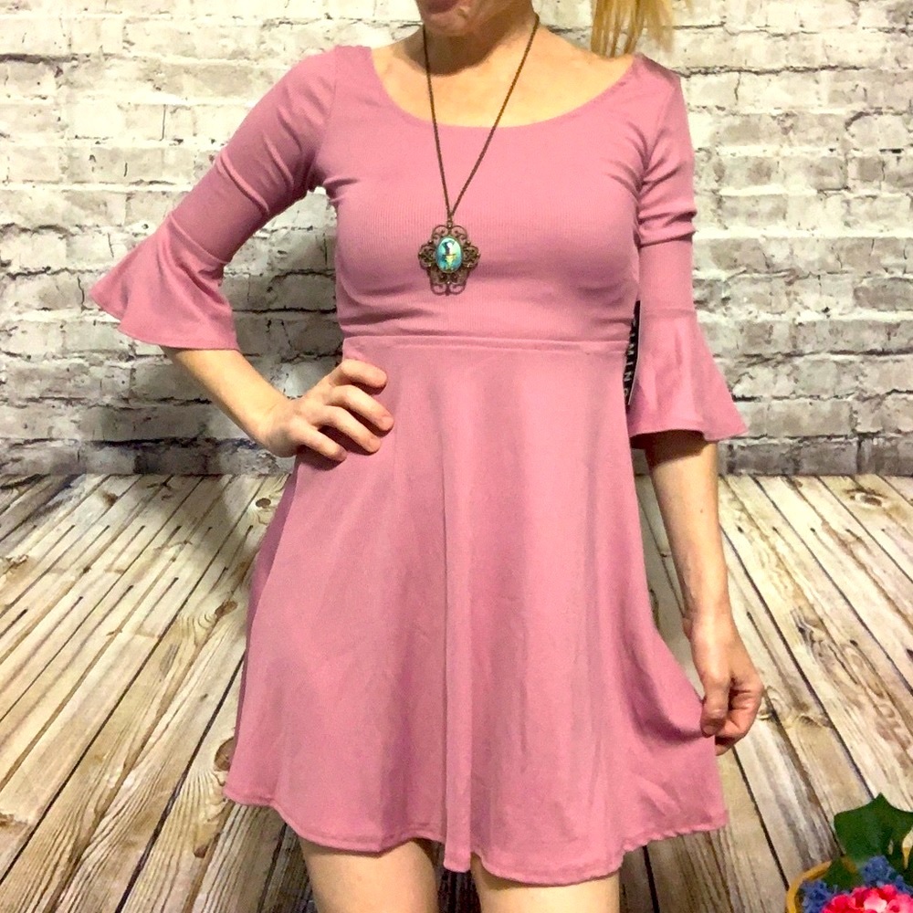 ‼️ROSE’ BELL Sleeve Ribbed SKATER Dress🆕